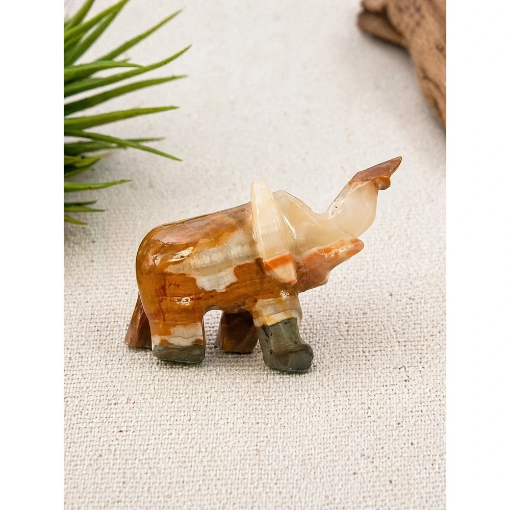 Vintage Hand Carved Onyx Elephant‎ Figurine Brown Banded Stone Good Luck Decor